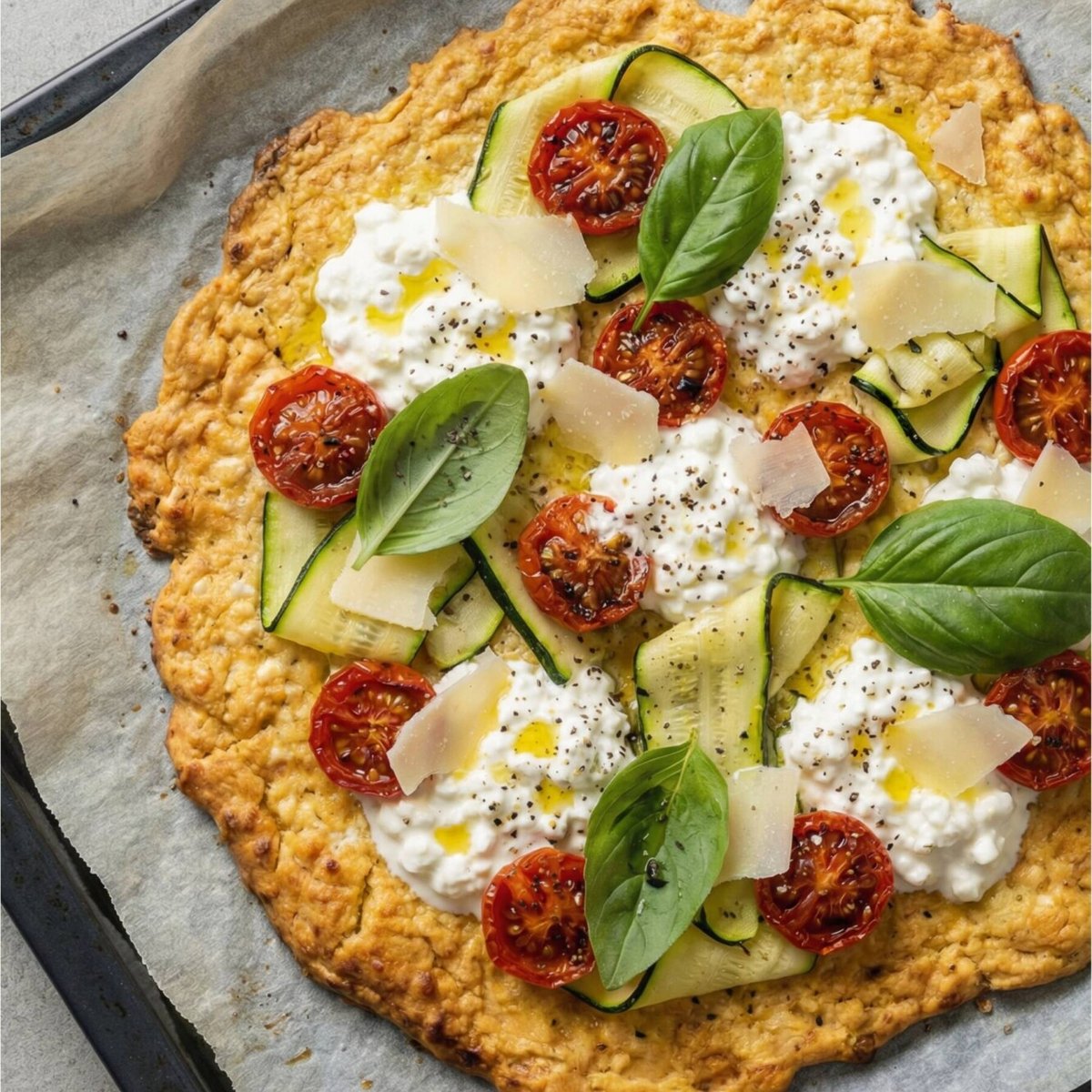 Cottage cheese pizza med zucchini och tomater