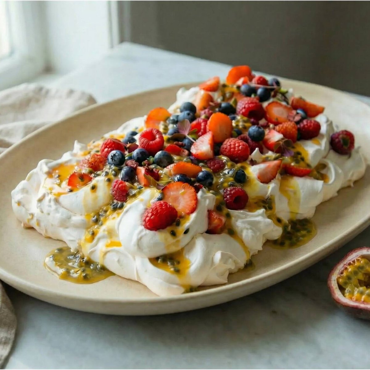 Pavlova med färska bär & passionsfrukt