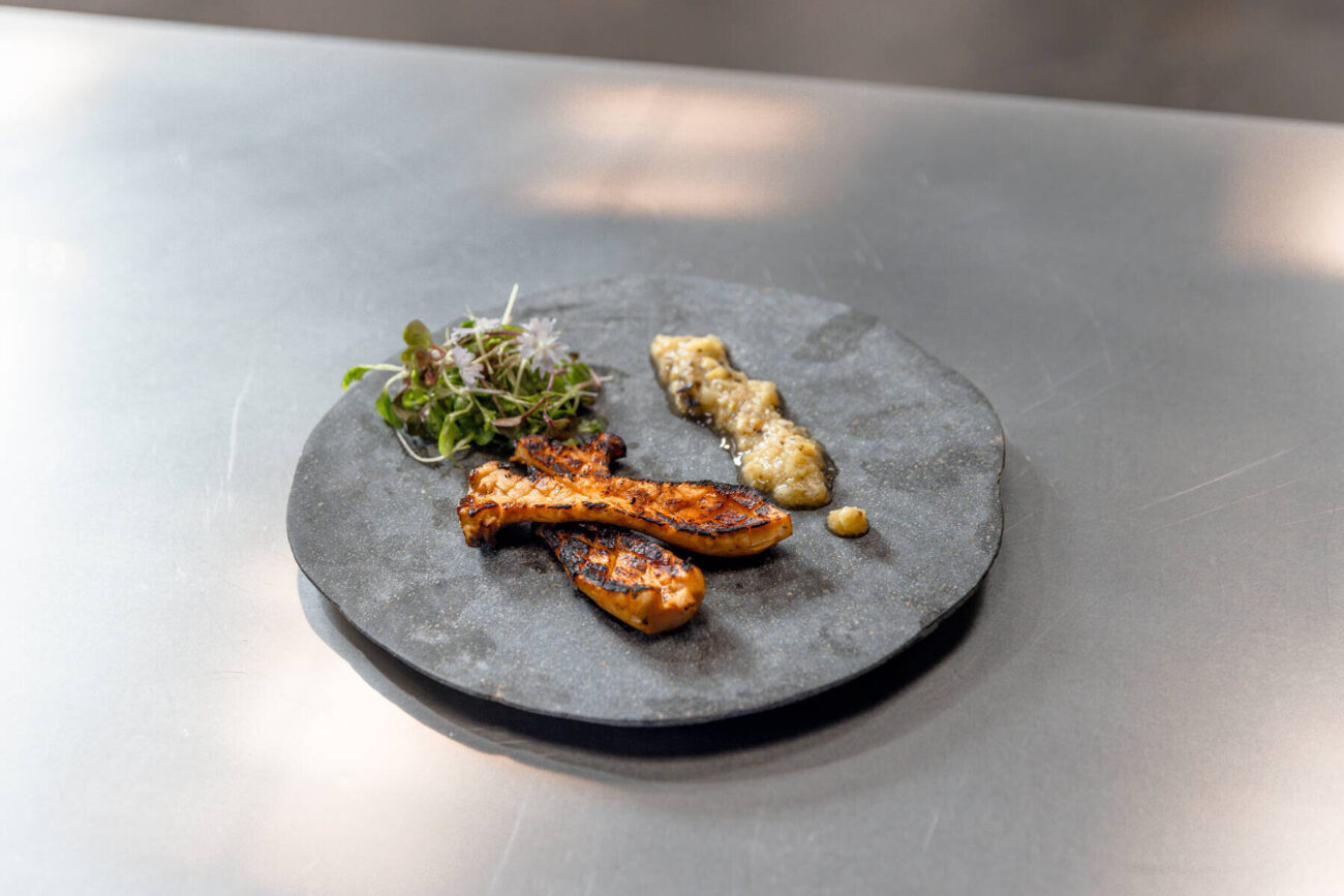 Hiiligrillattua kuningasvinokasta ja raparperia