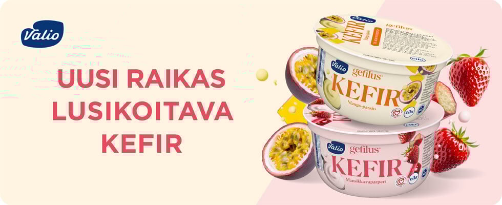 Kuvassa on Valio Gefilus® Kefir mansikka-ra­parperi ja Valio Gefilus® Kefir mango-passio.