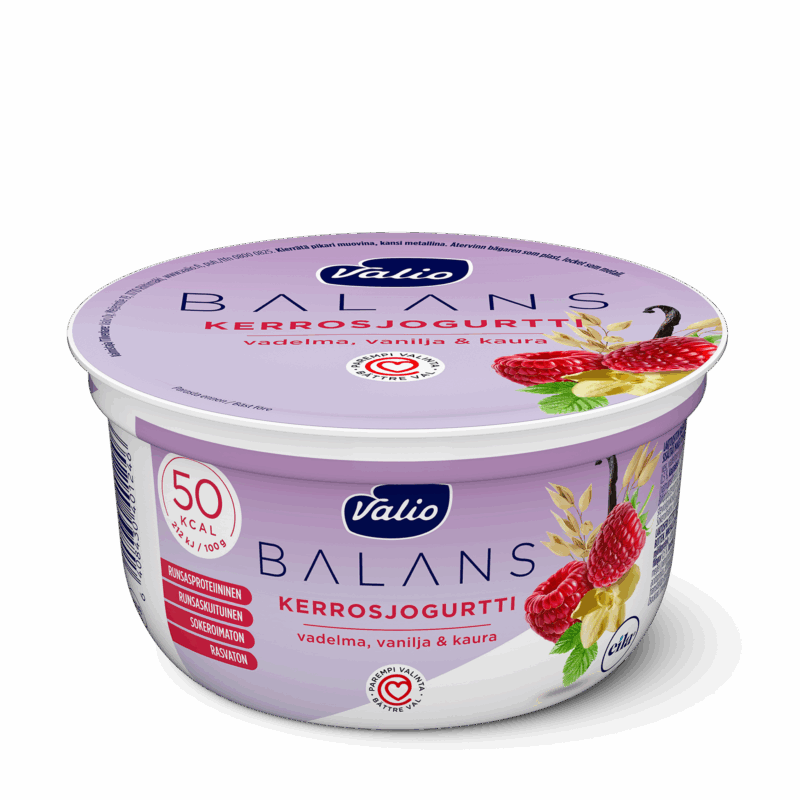Valio Balans kerrosjogurtti vadelma-vanilja-kaura rasvaton laktoositon 150 g