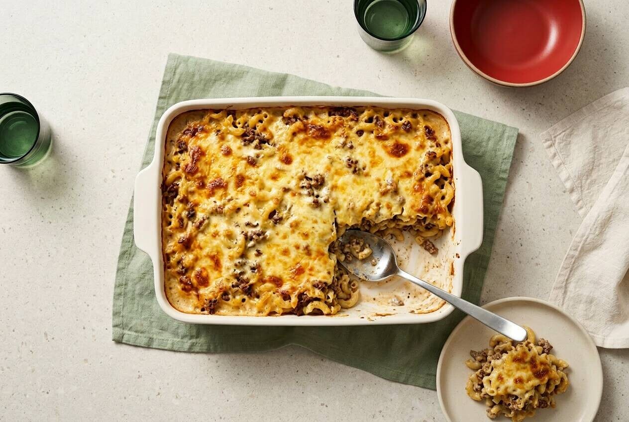 Täyteläinen liha-makaronilaatikko