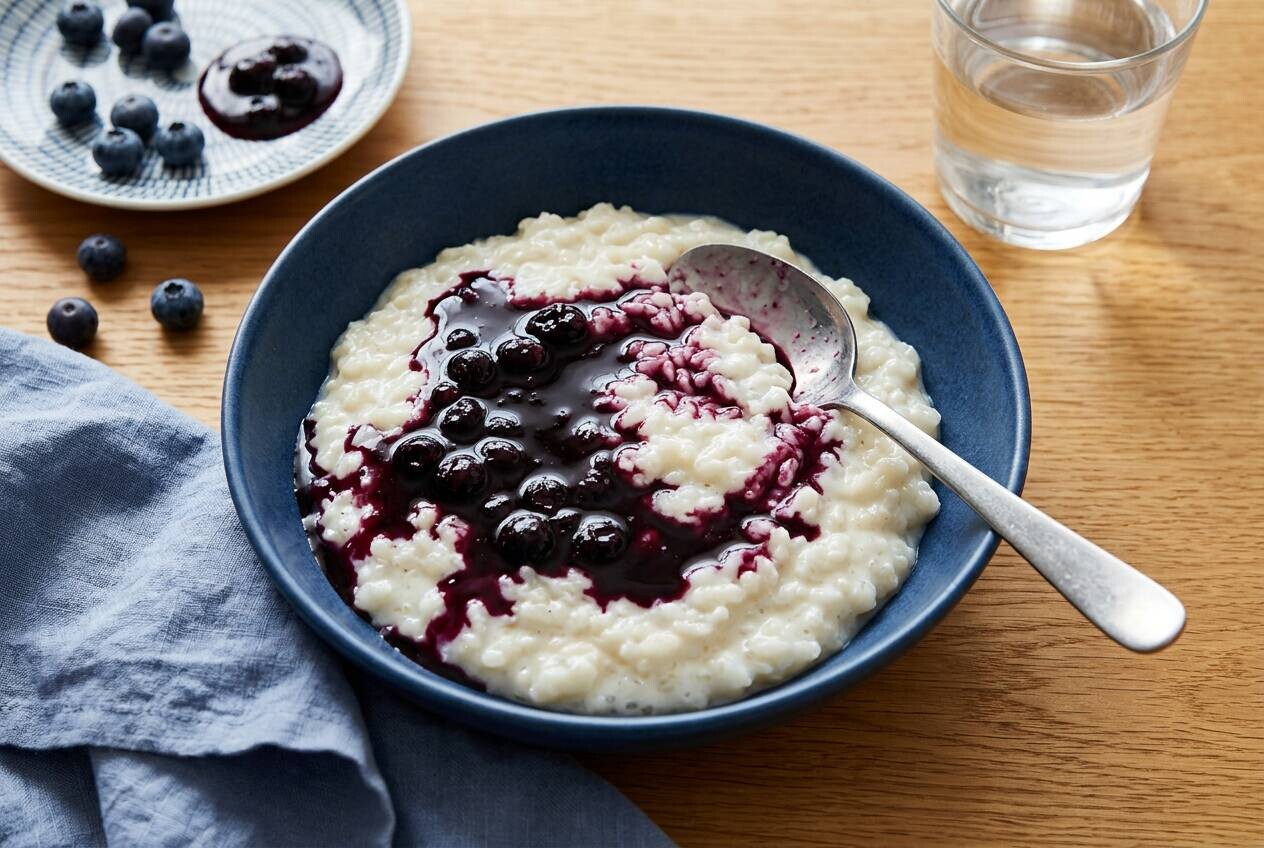 Riisipuuro vesihaudekattilassa & mustikkakeitto