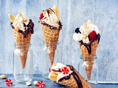 Ice cream cones with berries and chocolate