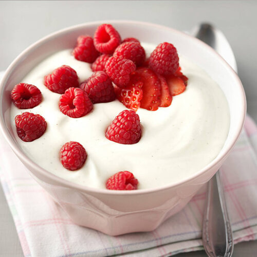 Lactose free ambient yoghurt with raspberries