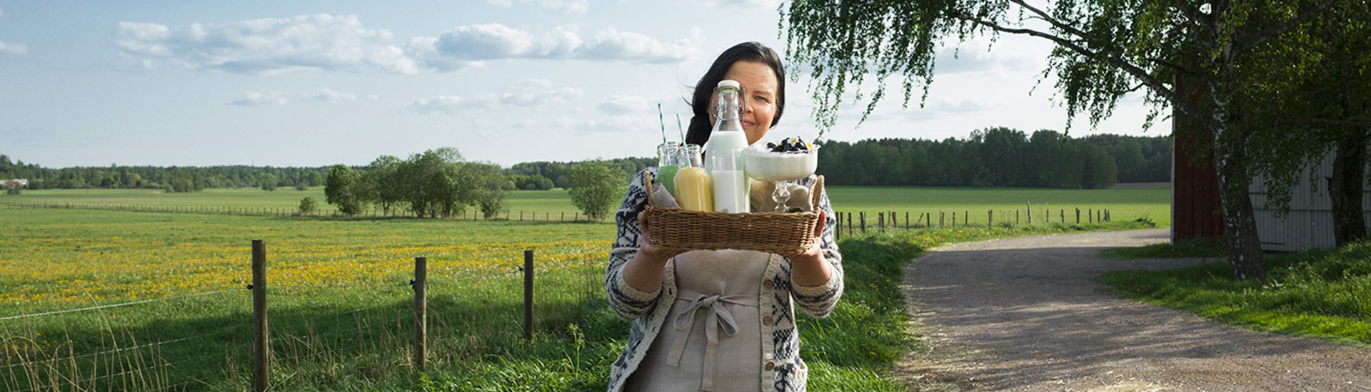 Henkilö seisoo pellon laidalla ja pitää käsissään koria täynnä erilaisia maitopohjaisia juomia.