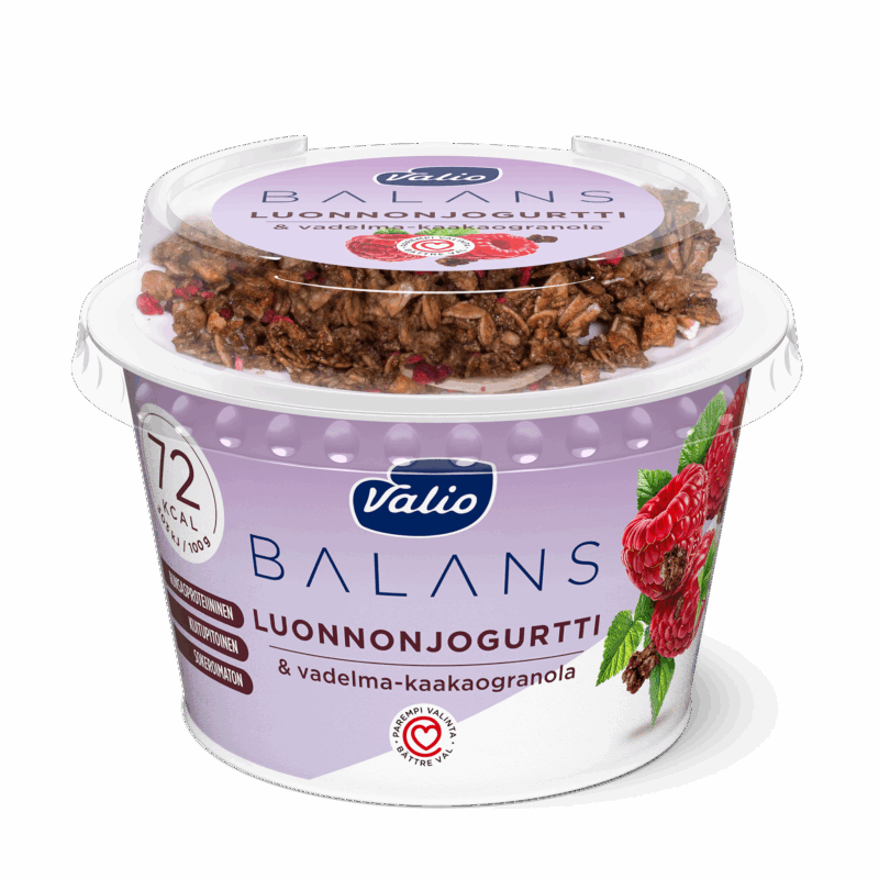 Valio Balans luonnonjogurtti maustamaton ja vadelma-kaakaogranola laktoositon 200 g