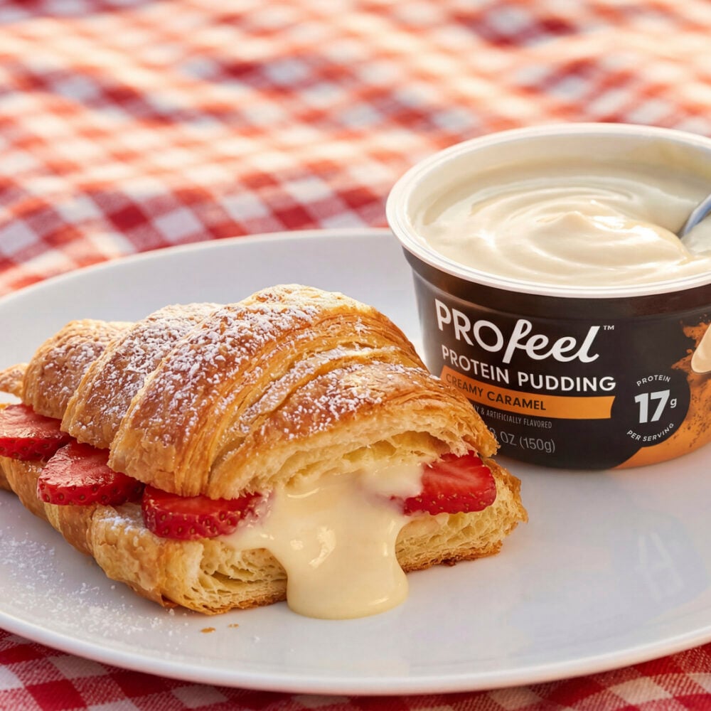 Warm croissant filled with PROfeel® caramel protein pudding and fresh strawberries on a plate