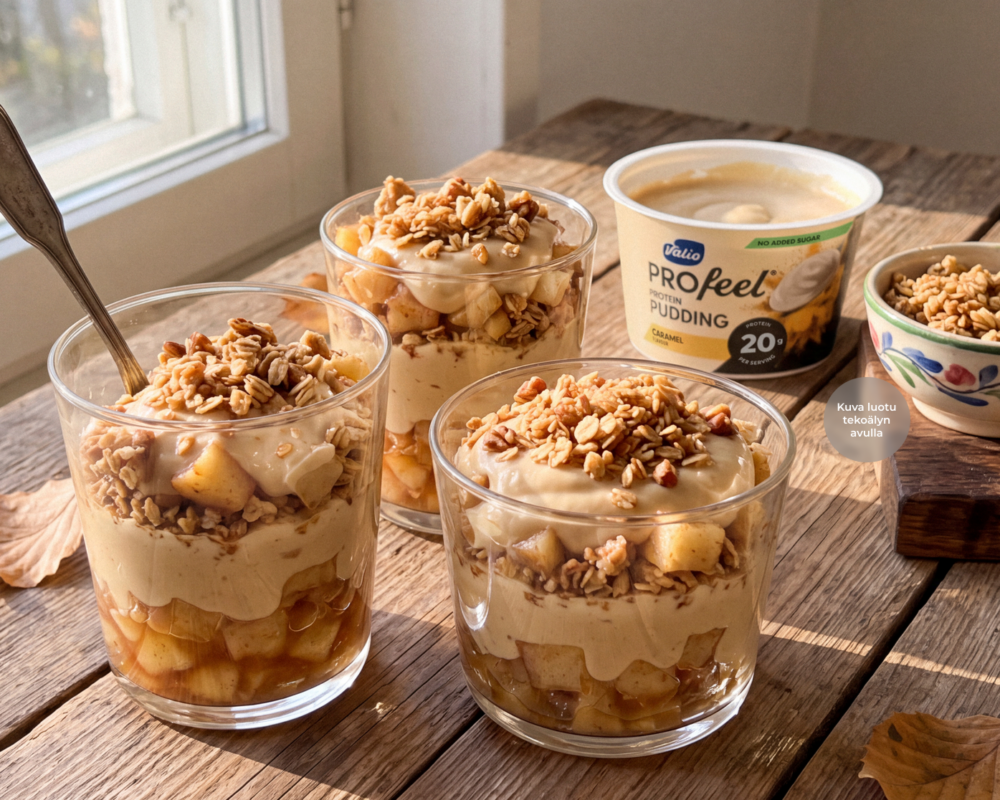 Maustetut omena-crumble-lasit kermakaramellivanukkaalla