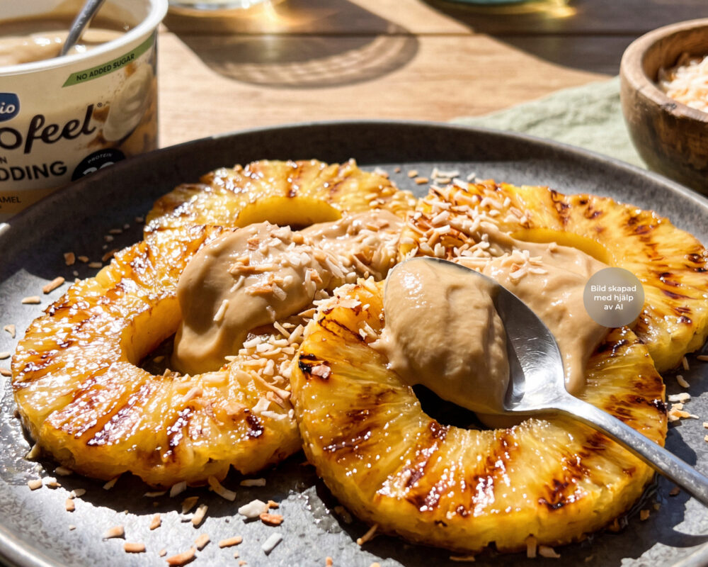 Grillad ananas med gräddkolapudding