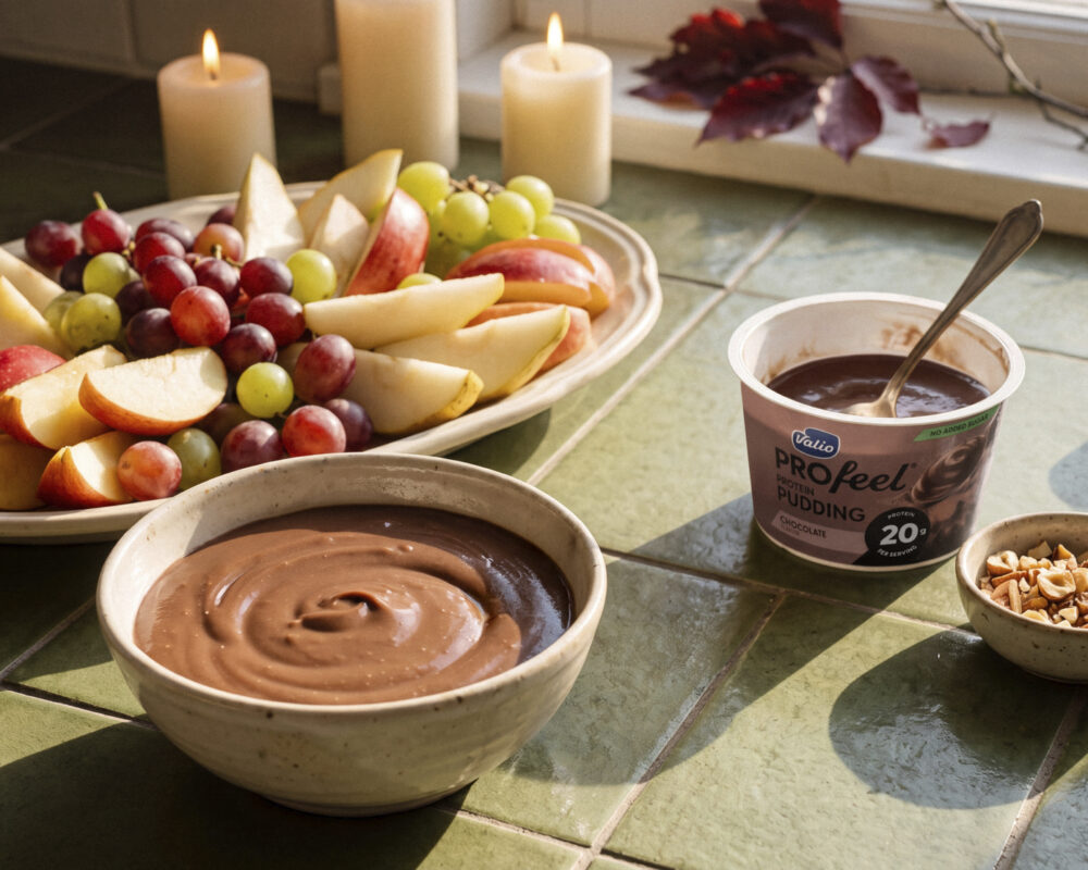 Varma chokladfondue-koppar med höstfrukt