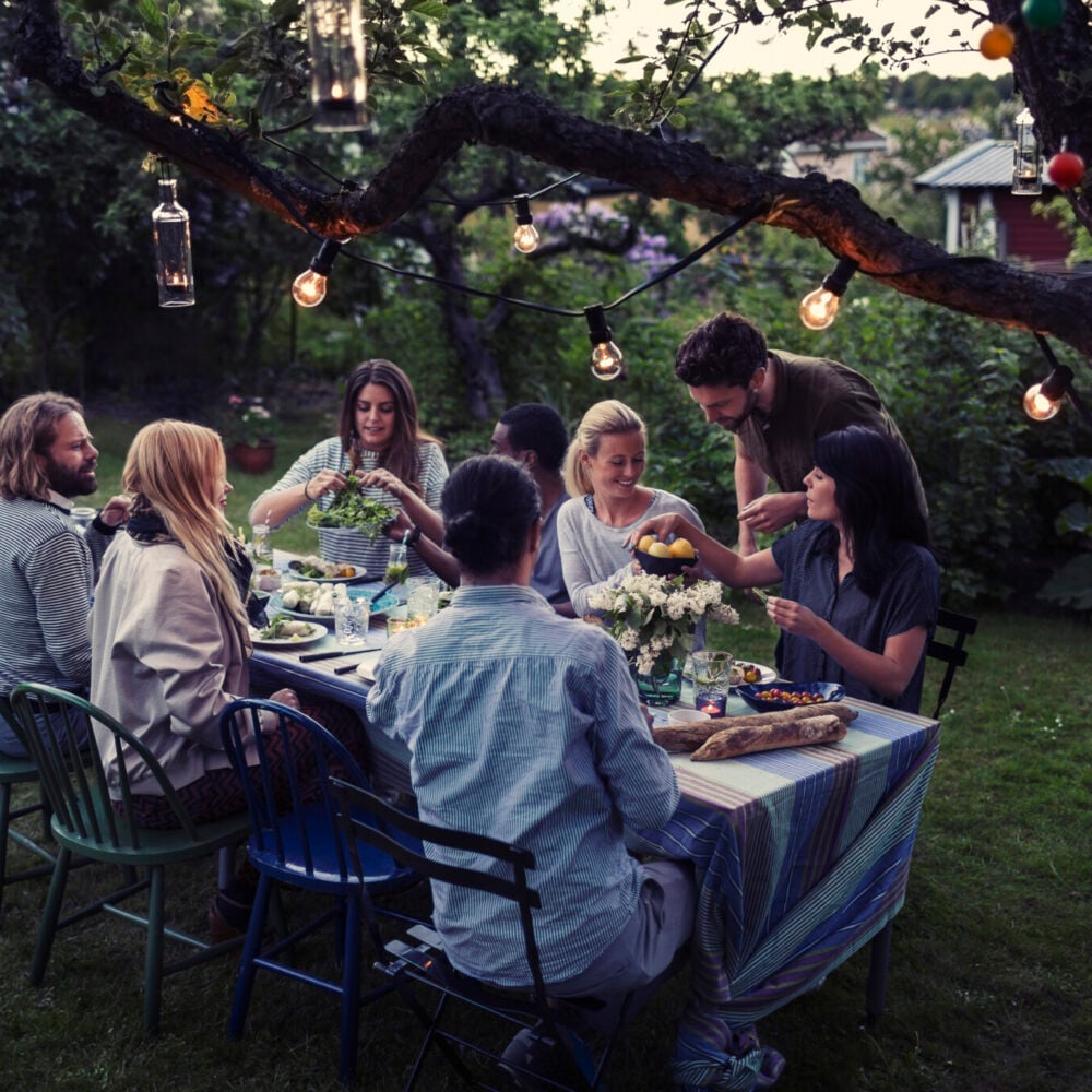 Sommarmiddag utomhus under ett träd med ljusslinga