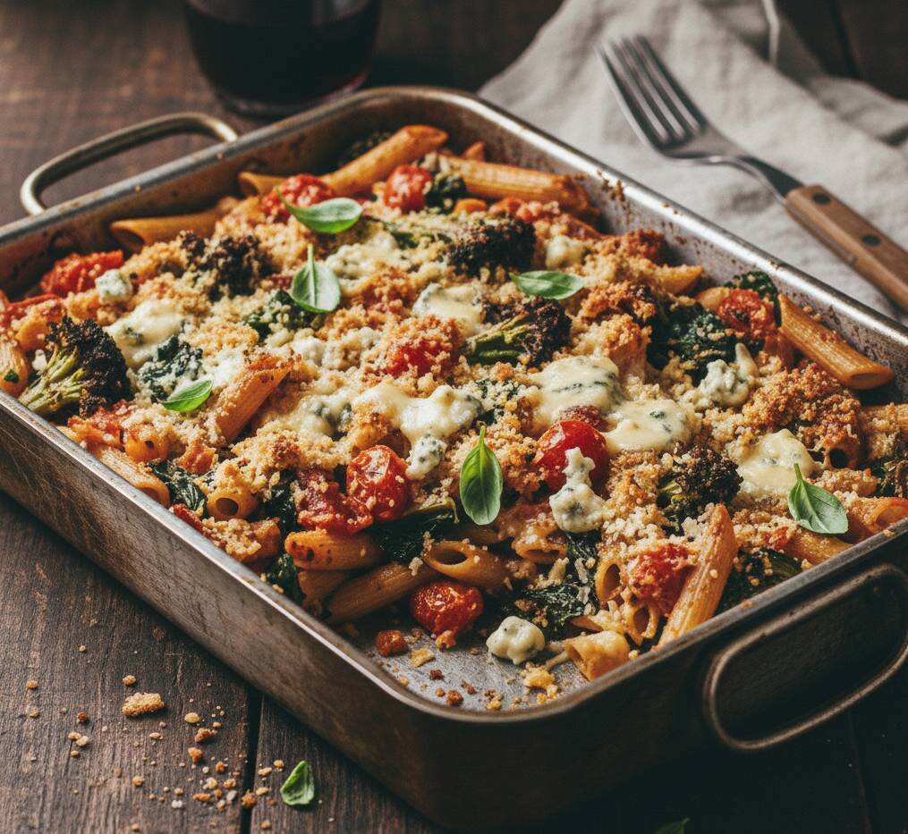 Pastagratäng med grönsaker och blåmögelost