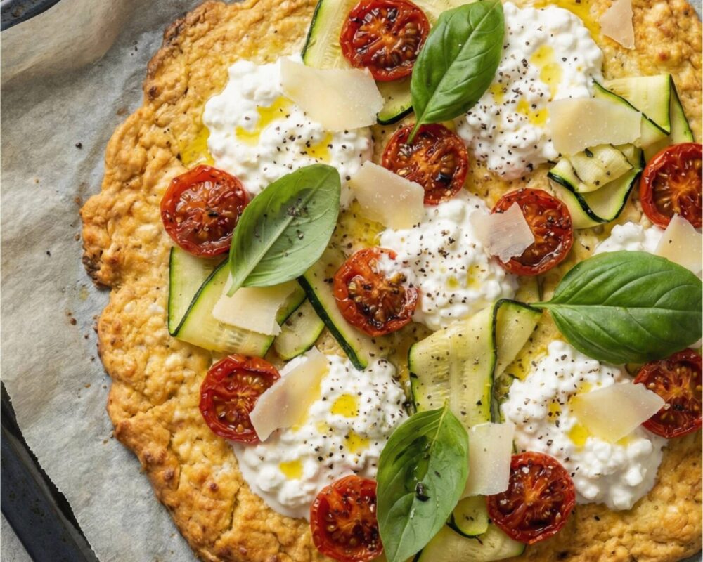 Cottage cheese pizza med zucchini och tomater