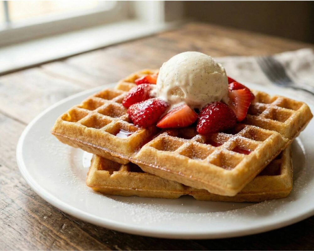 Belgiska våfflor med jordgubbar och glass
