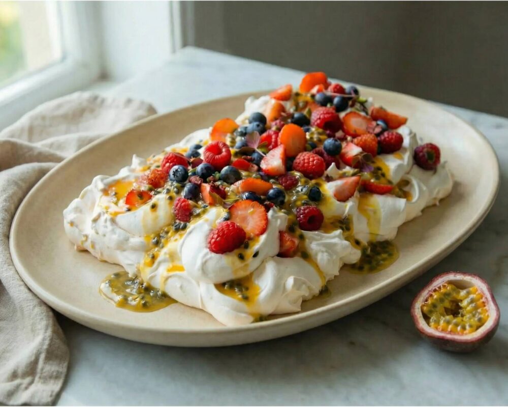 Pavlova med färska bär & passionsfrukt