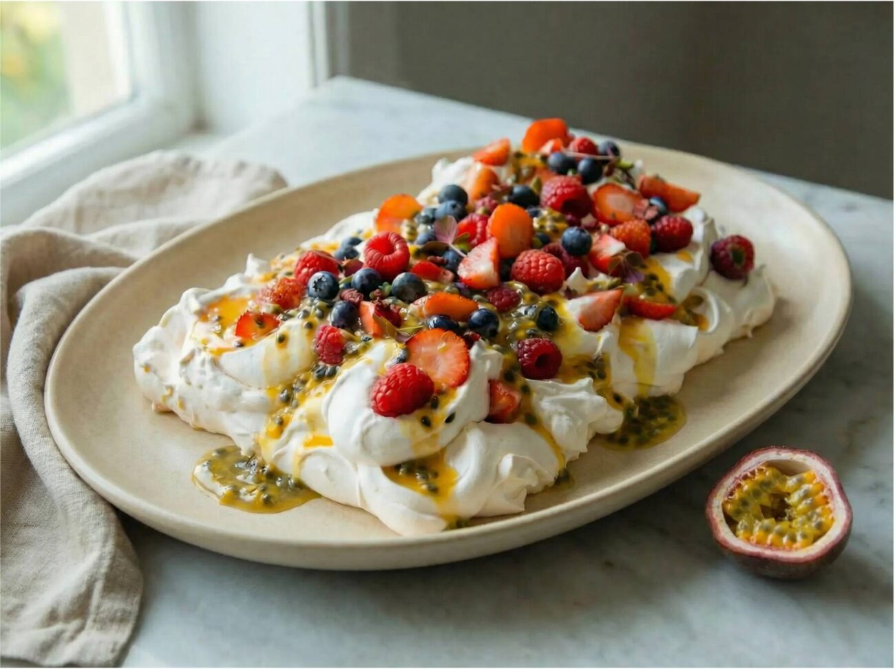 Pavlova med färska bär & passionsfrukt