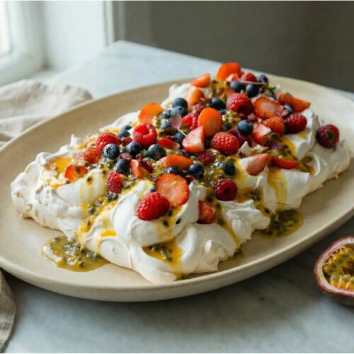 Pavlova med färska bär & passionsfrukt