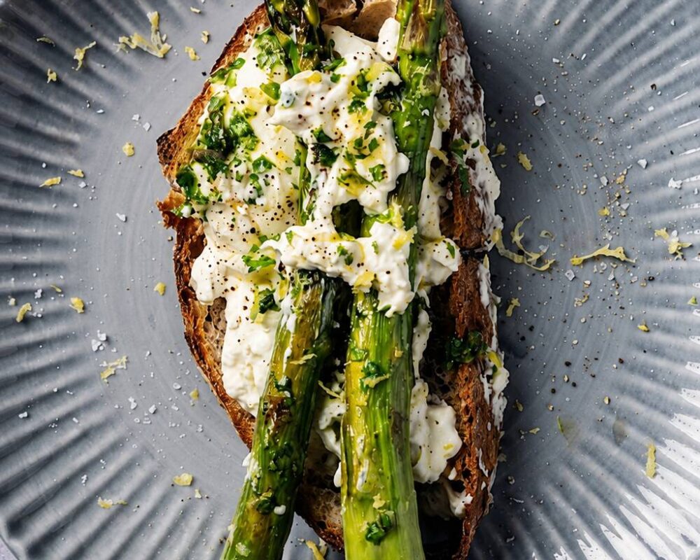 Smörstekt levain med sparris och burrata
