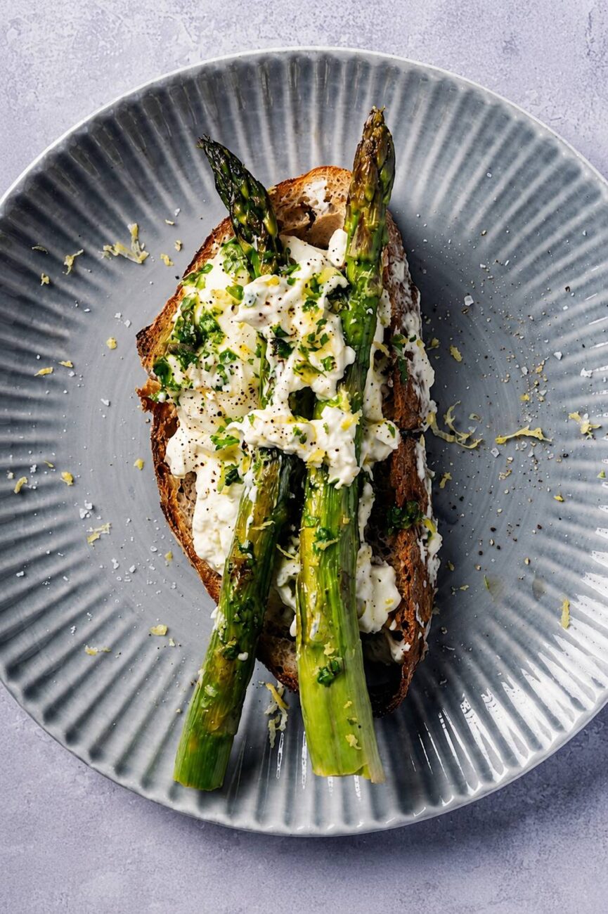 Smörstekt levain med sparris och burrata