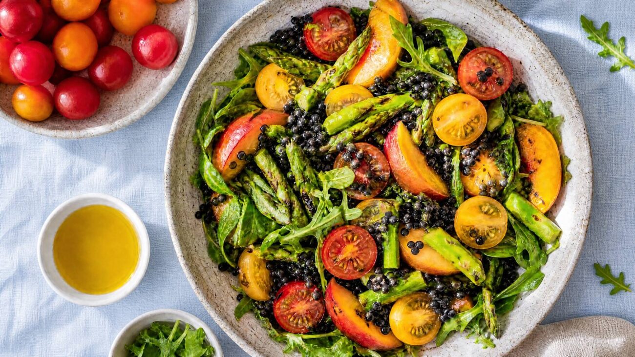 Sommarsallad med sparris, nektariner och linser