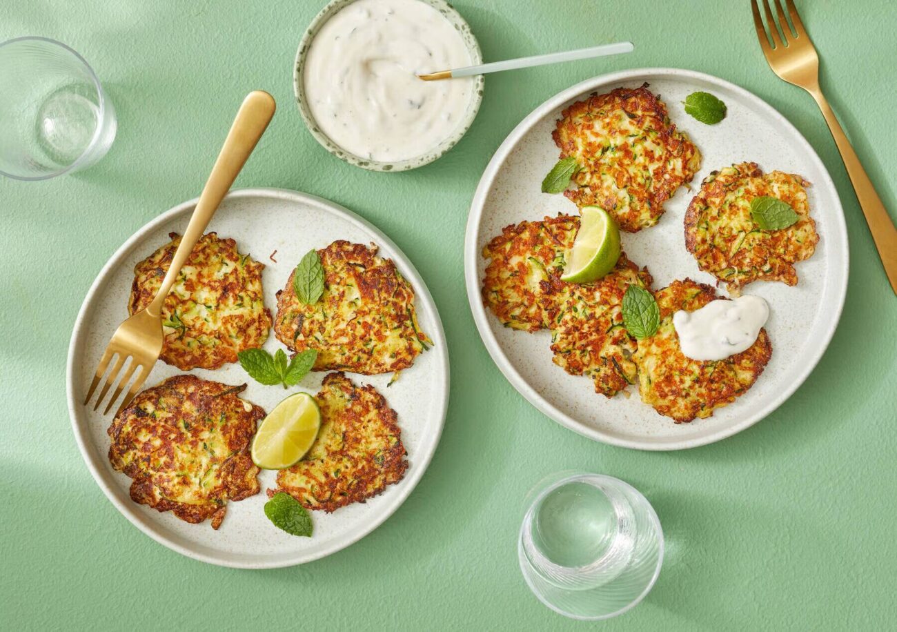 Halloumibiffar med zucchini och myntayoghurt