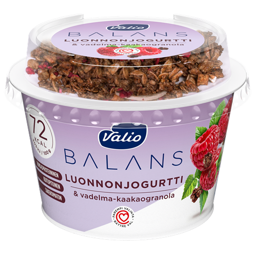 Valio Balans luonnonjogurtti maustamaton ja vadelma-kaakaogranola laktoositon 200 g
