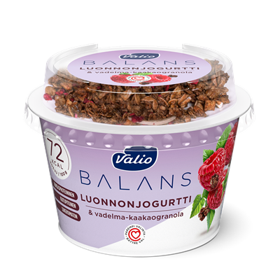 Valio Balans luonnonjogurtti maustamaton ja vadelma-kaakaogranola laktoositon 200 g