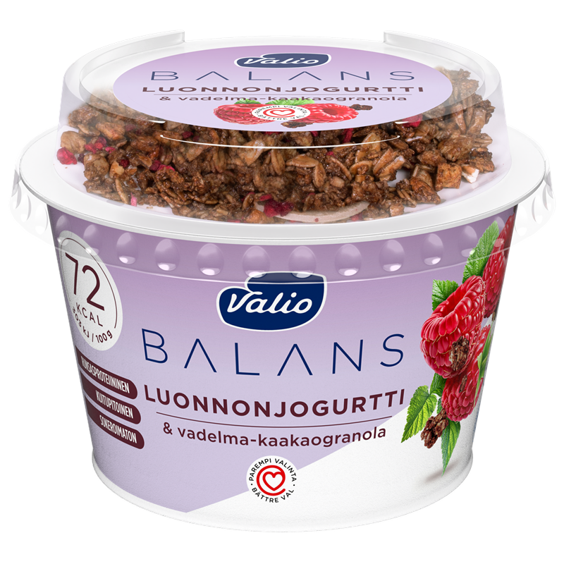 Valio Balans luonnonjogurtti maustamaton ja vadelma-kaakaogranola laktoositon 200 g