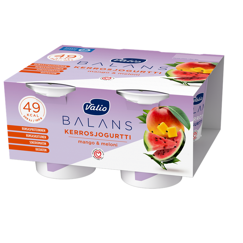 Valio Balans kerrosjogurtti mango-meloni rasvaton laktoositon 4x125 g