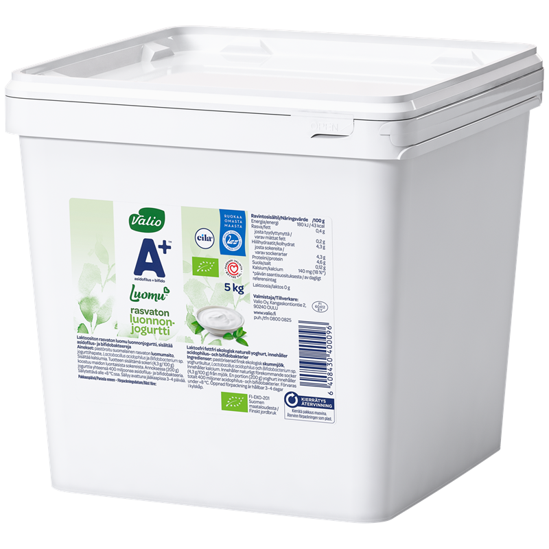 Valio A+™ Luomu™ luonnonjogurtti maustamaton rasvaton laktoositon 5 kg