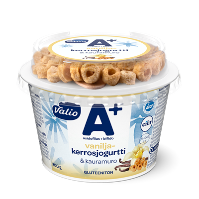 Valio A+™ vaniljakerrosjogurtti ja kauramuro 200 g laktoositon gluteeniton