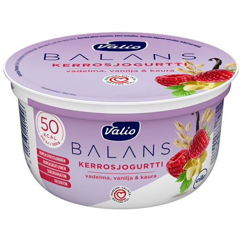 Valio Balans kerrosjogurtti vadelma-vanilja-kaura rasvaton laktoositon 150 g